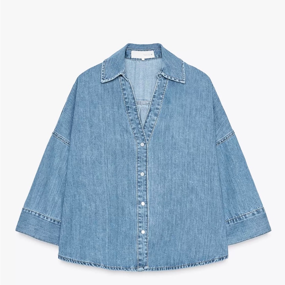 Zara FLOWY WIDE-SLEEVE DENIM SHIRT